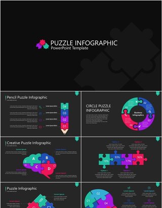 深色拼图信息图PPT素材模板Wide Dark Puzzle Infographic