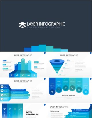 蓝色图层结构信息图PPT模板素材Wide Blue Light Layer Infographic