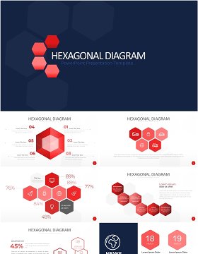 红色六边形信息图PPT模板素材Wide Red Hexagonal Infographic