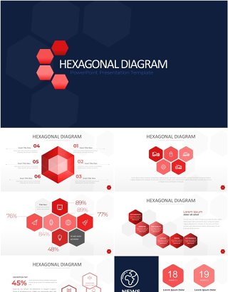 红色六边形信息图PPT模板素材Wide Red Hexagonal Infographic