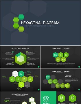 绿色六边形信息图PPT模板素材Wide Green Dark Hexagonal Infographic