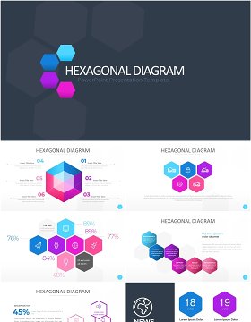 彩色六边形信息图PPT素材模板Wide Light Hexagonal Infographic