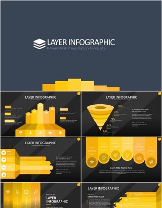 黄色图层结构信息图PPT模板素材Wide Yellow Dark Layer Infographic