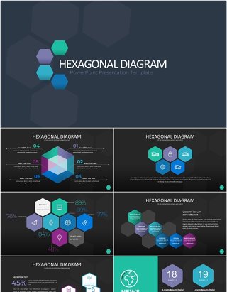 六边形信息图PPT模板素材Wide Dark Hexagonal Infographic