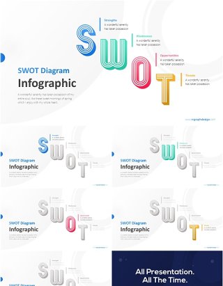 用于商业分析信息图彩色SWOT图和排版PPT模板素材Colorful SWOT Diagram with Typography Model for Business Analysis