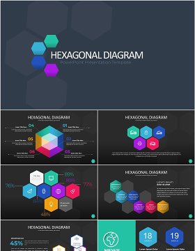 多彩色六边形信息图PPT模板素材Wide Dark Hexagonal Infographic