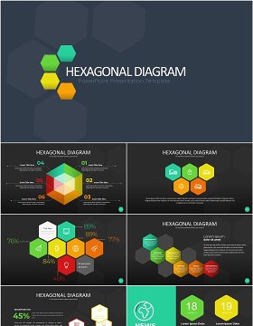 彩色六边形信息图PPT模板素材Wide Dark Hexagonal Infographic