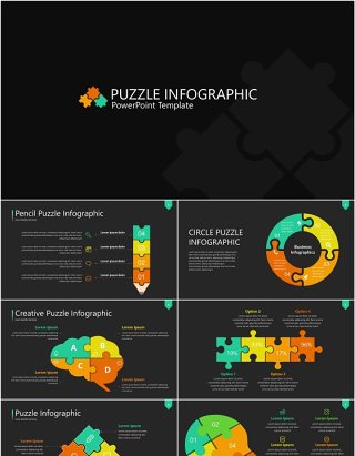 深色彩色拼图信息图PPT素材模板Wide Dark Puzzle Infographic