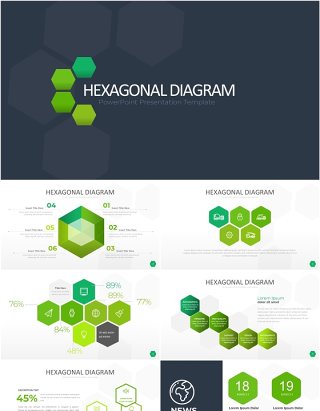 绿色六边形信息图PPT模板素材Wide Green Light Hexagonal Infographic