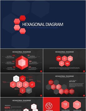 红色六边形信息图PPT模板素材Wide Red Dark Hexagonal Infographic