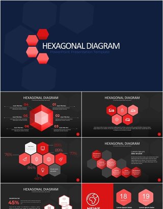 红色六边形信息图PPT模板素材Wide Red Dark Hexagonal Infographic