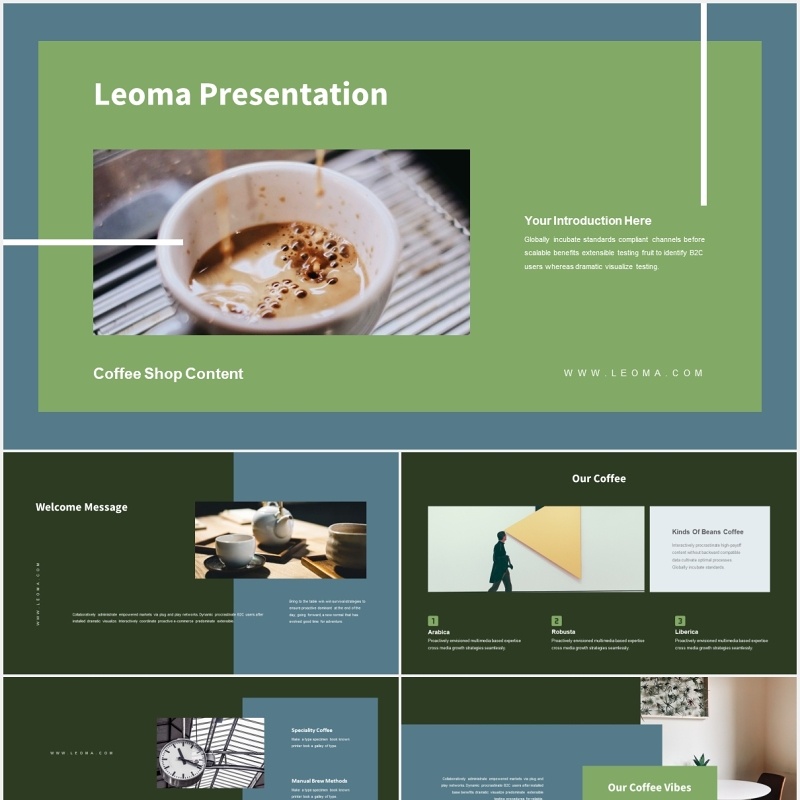 绿色商业咖啡店宣传介绍PPT模板Leoma-Coffee Shop Powerpoint