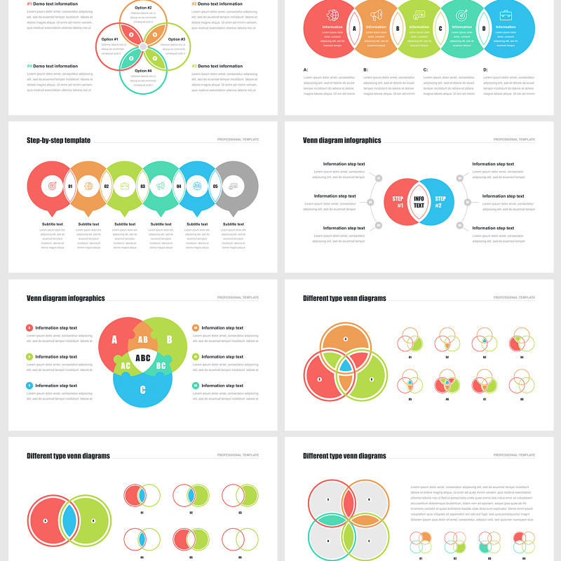 交集圆文氏图维恩图交叉PPT信息图表素材包 Venn diagram PowerPoint template pack