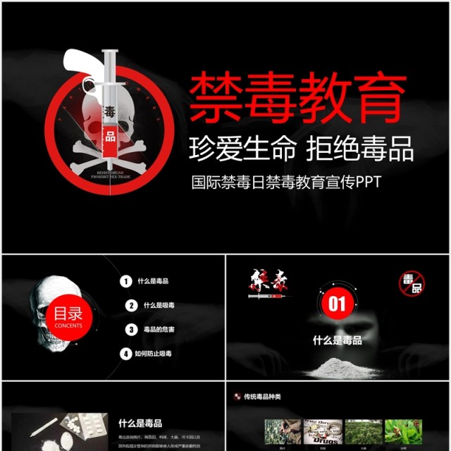 黑色禁毒教育宣传珍爱生命拒绝毒品PPT模板 黑色禁毒教育宣传珍爱生命拒绝毒品PPT模板