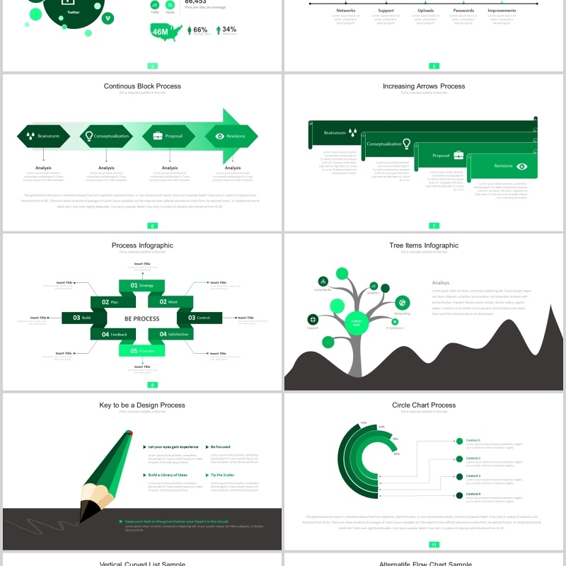 绿色创意图形并列关系图箭头阶梯PPT可视化图表模板Fifteen - Powerpoint Template