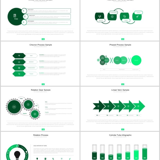 绿色创意图形并列关系图箭头阶梯PPT可视化图表模板Fifteen - Powerpoint Template