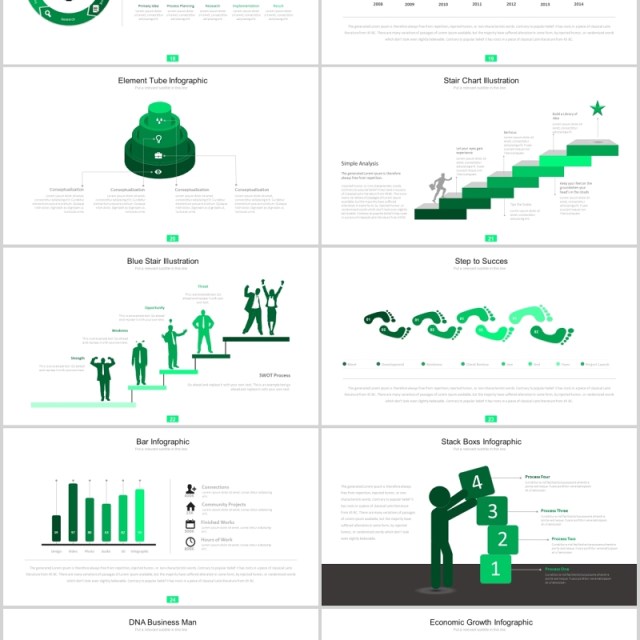 绿色创意图形并列关系图箭头阶梯PPT可视化图表模板Fifteen - Powerpoint Template