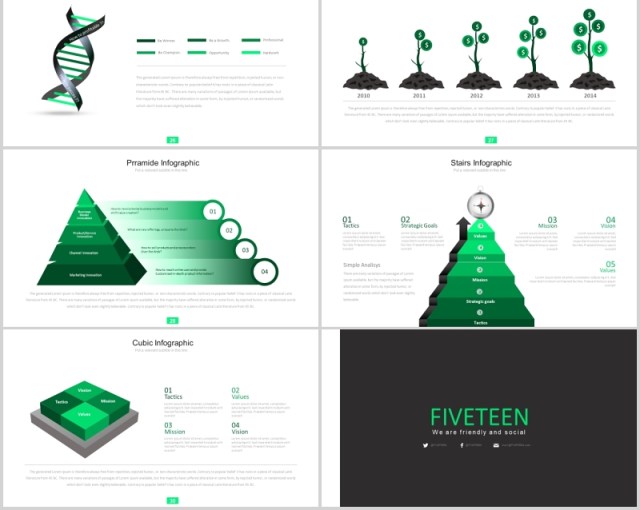 绿色创意图形并列关系图箭头阶梯PPT可视化图表模板Fifteen - Powerpoint Template