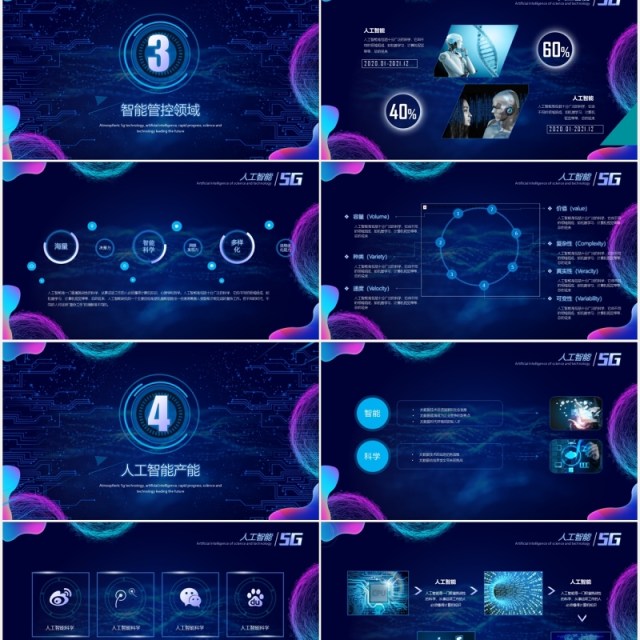 深蓝色科技互联网酷炫人工智能5G极速工作汇报PPT模板