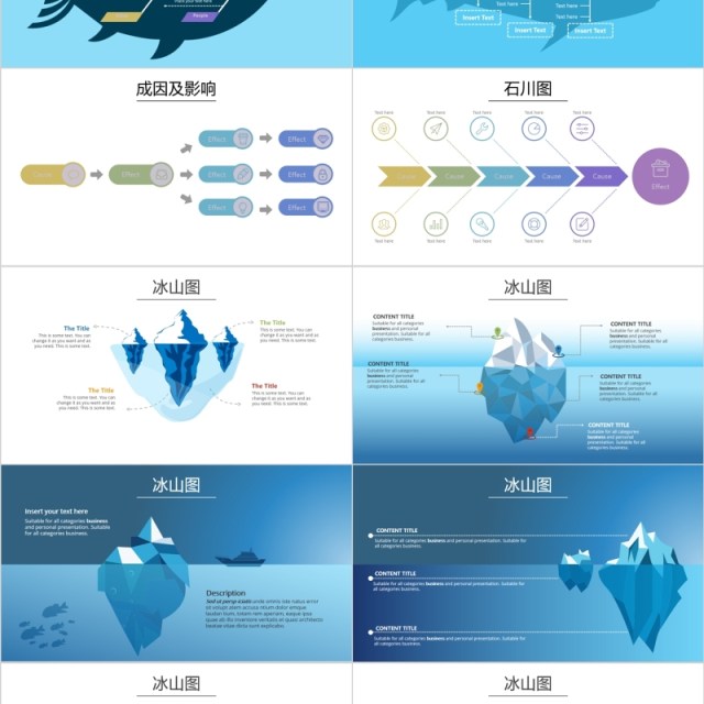 QC鱼骨图冰山图关系图PPT可视化图表