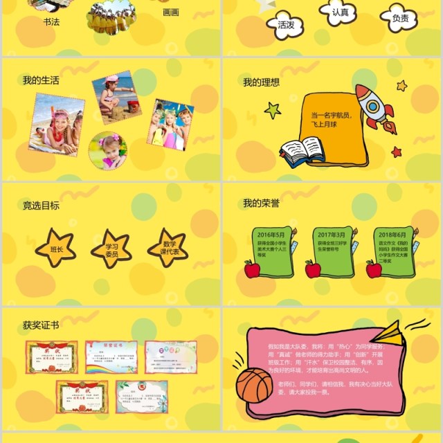 黄色卡通小学生班干部竞选自我介绍PPT模板