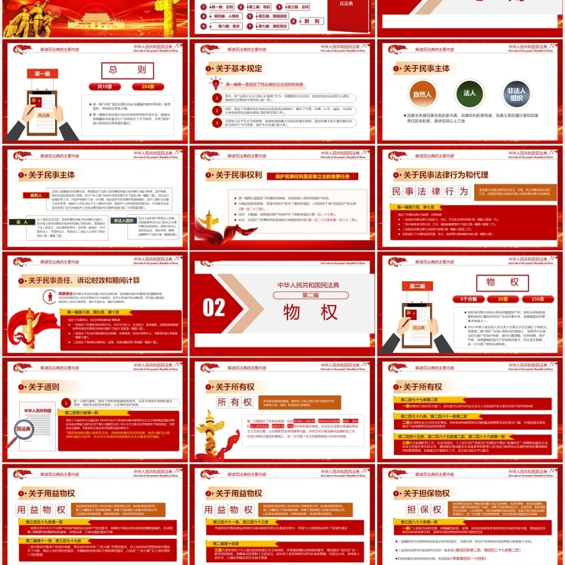 红色聚焦两会中国首部民法典解读学习政府工作报告党建PPT模板