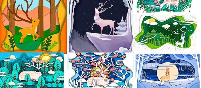 28款唯美麋鹿插图插画剪纸创意海报广告PSD分层设计素材