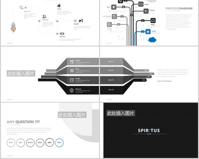 高端灰色简约公司宣传介绍图片排版设计PPT模板素材SPIRITUS Powerpoint