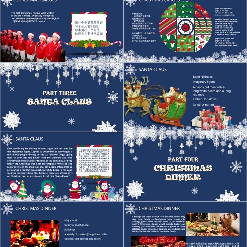 深色雪花全动态温馨圣诞节英文介绍课件模板ppt