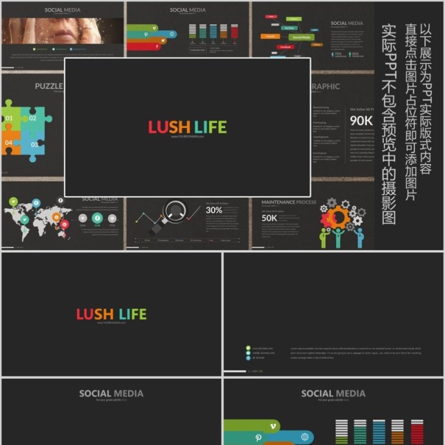 实用工作通用PPT拼图信息图表模板LUSH LIFE Powerpoint