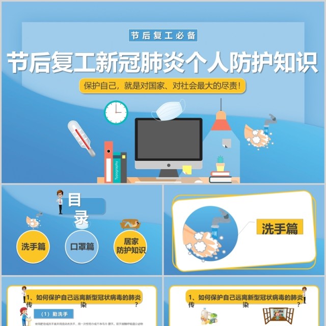 节后复工新型冠状病毒感染肺炎个人防护知识PPT模板 节后复工新型冠状病毒感染肺炎个人防护知识PPT模板