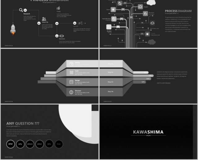 黑色公司介绍产品宣传PPT信息可视化模板Kawashima Powerpoint