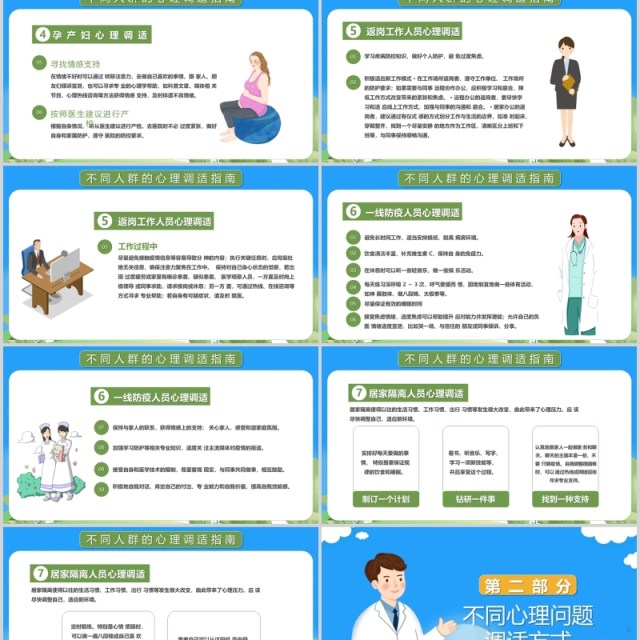 蓝色应对新型冠状病毒肺炎疫情心理调适指南防护辅导PPT模板