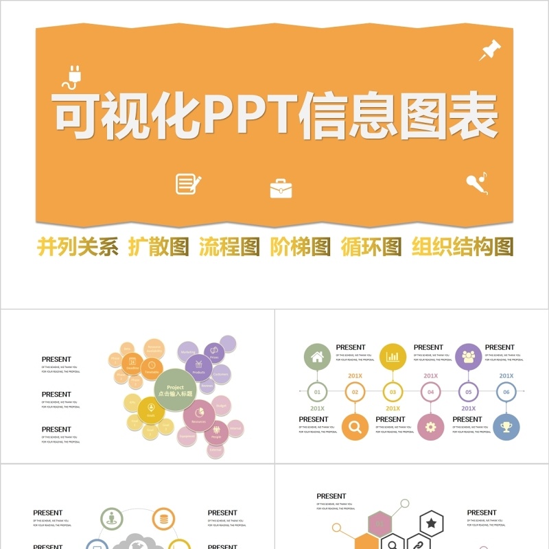 黄色简洁商务循环图可视化PPT信息图表