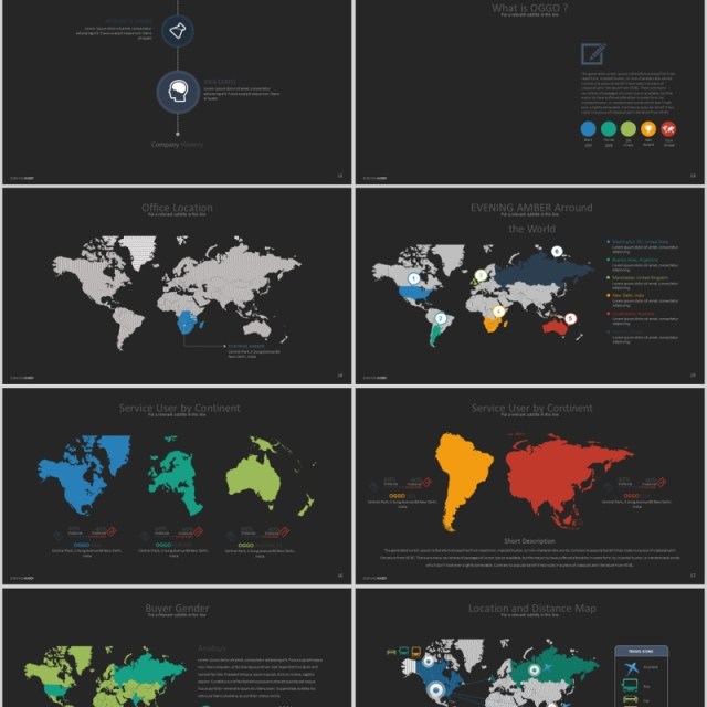 深色世界地图数据分析PPT信息图表模板EVENING AMBER Powerpoint