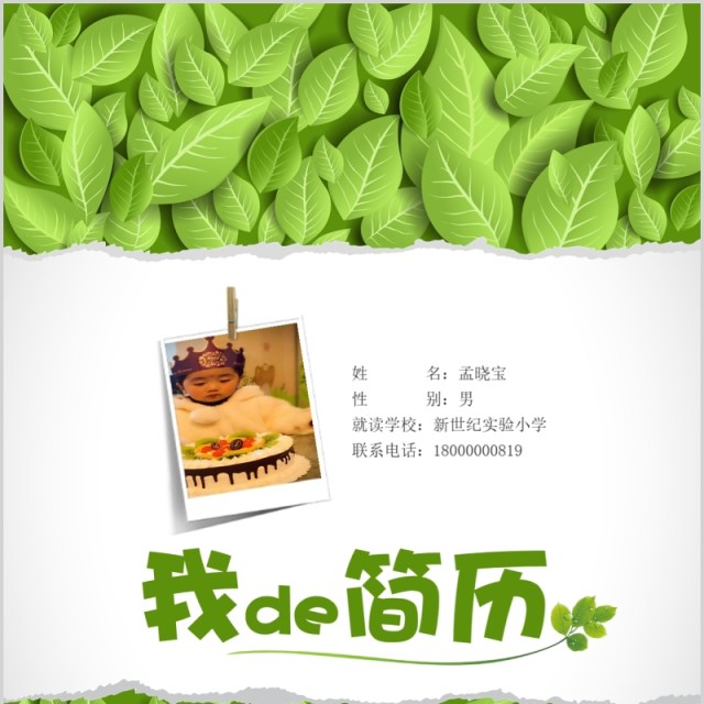 绿色幼升小学生简历自我介绍竖版PPT模板 绿色幼升小学生简历自我介绍竖版PPT模板
