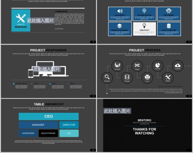 深色公司项目宣传介绍可视化图表PPT图片排版设计模板Bentoro Powerpoint