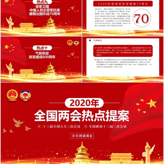 2020年红色全国两会热点提案学习解读政府报告PPT模板