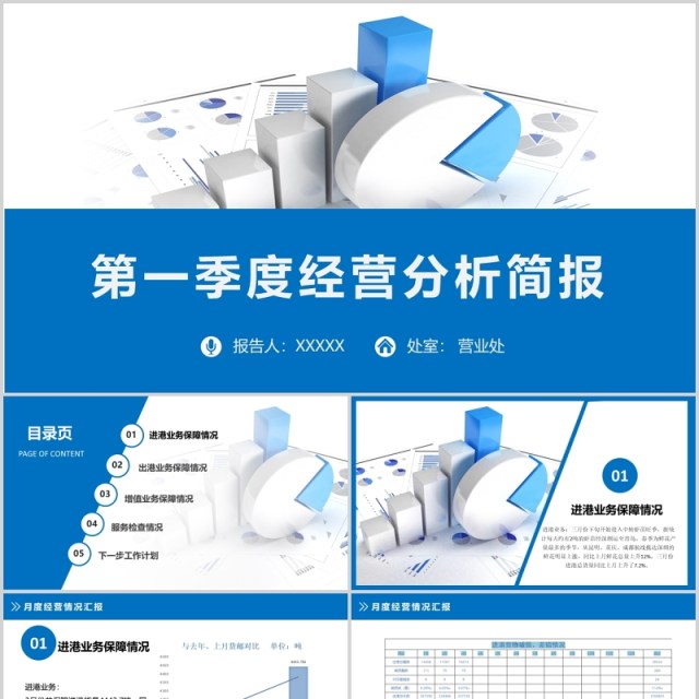 蓝色第一季度经营分析总结汇报PPT模板