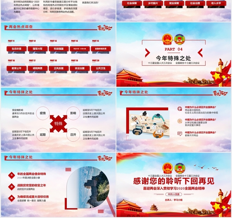 聚焦两会深入贯彻学习2020全国两会精神政府工作报告PPT模板