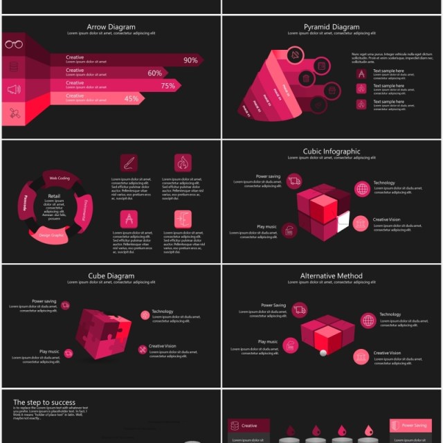 深色商务金字塔箭头流程图信息图表PPT模板素材rote powerpoint template