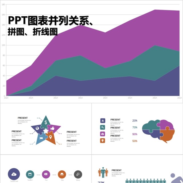 创意拼图折线图并列关系PPT信息图表