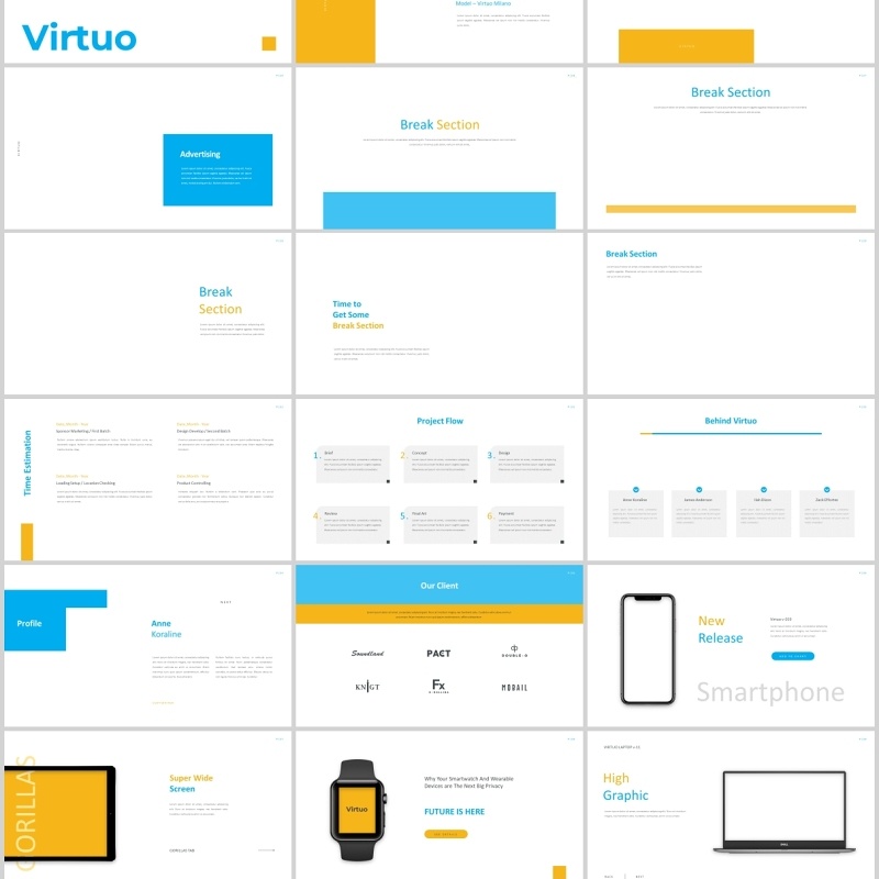 蓝色简约图片占位符排版设计PPT模板Virtuo Powerpoint