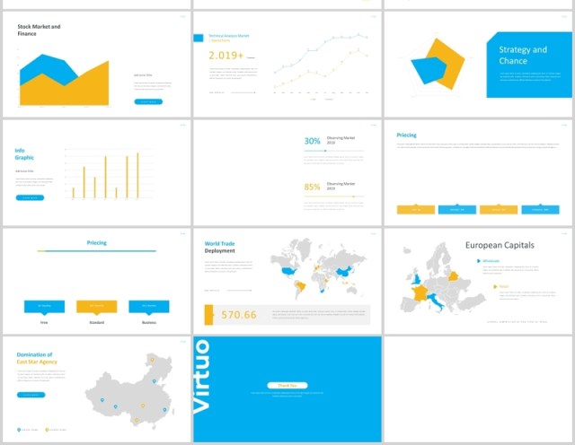 蓝色简约图片占位符排版设计PPT模板Virtuo Powerpoint