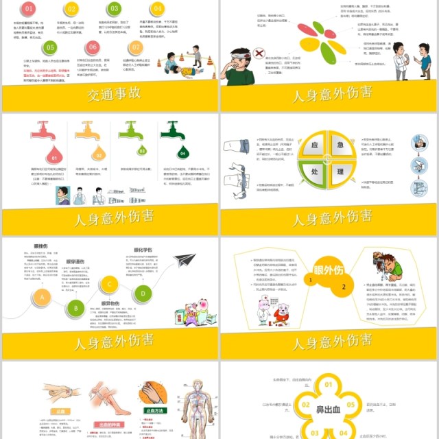 黄色小学生常用急救知识主题班会课件PPT模板
