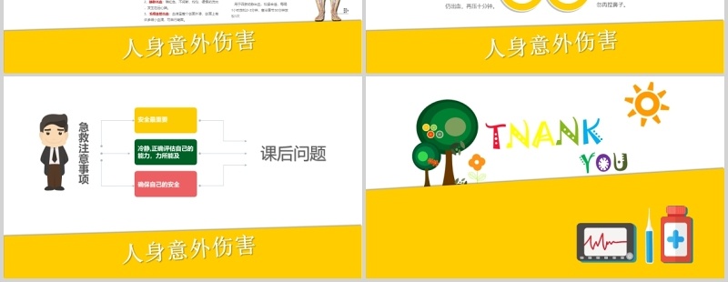 黄色小学生常用急救知识主题班会课件PPT模板