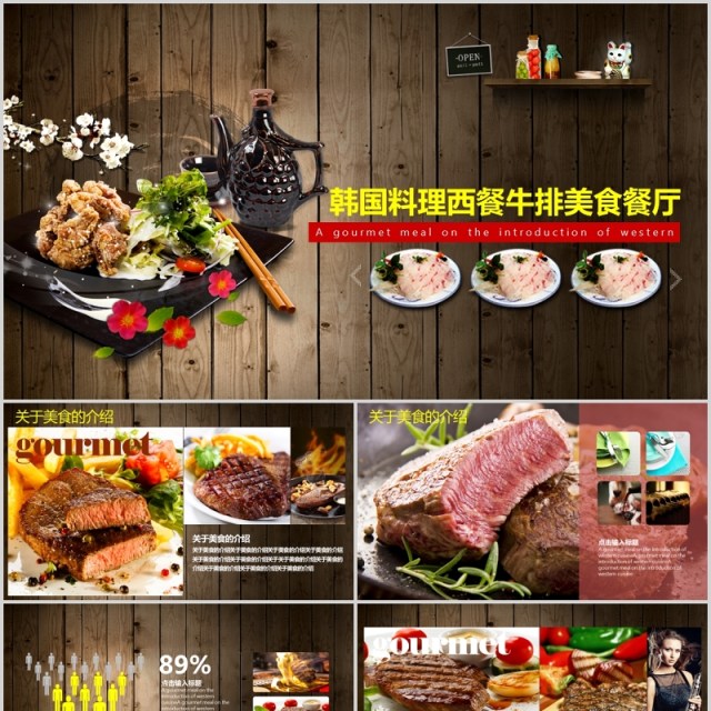 韩国料理西餐牛排美食餐厅PPT模板