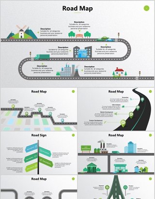 公路路线图道路路标标记指示图表PPT可编辑元素素材