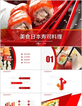 红色美食日本寿司料理餐饮PPT模板