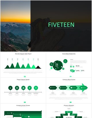 绿色简约商务箭头阶梯流程图图表PPT模板素材fifteen powerpoint template